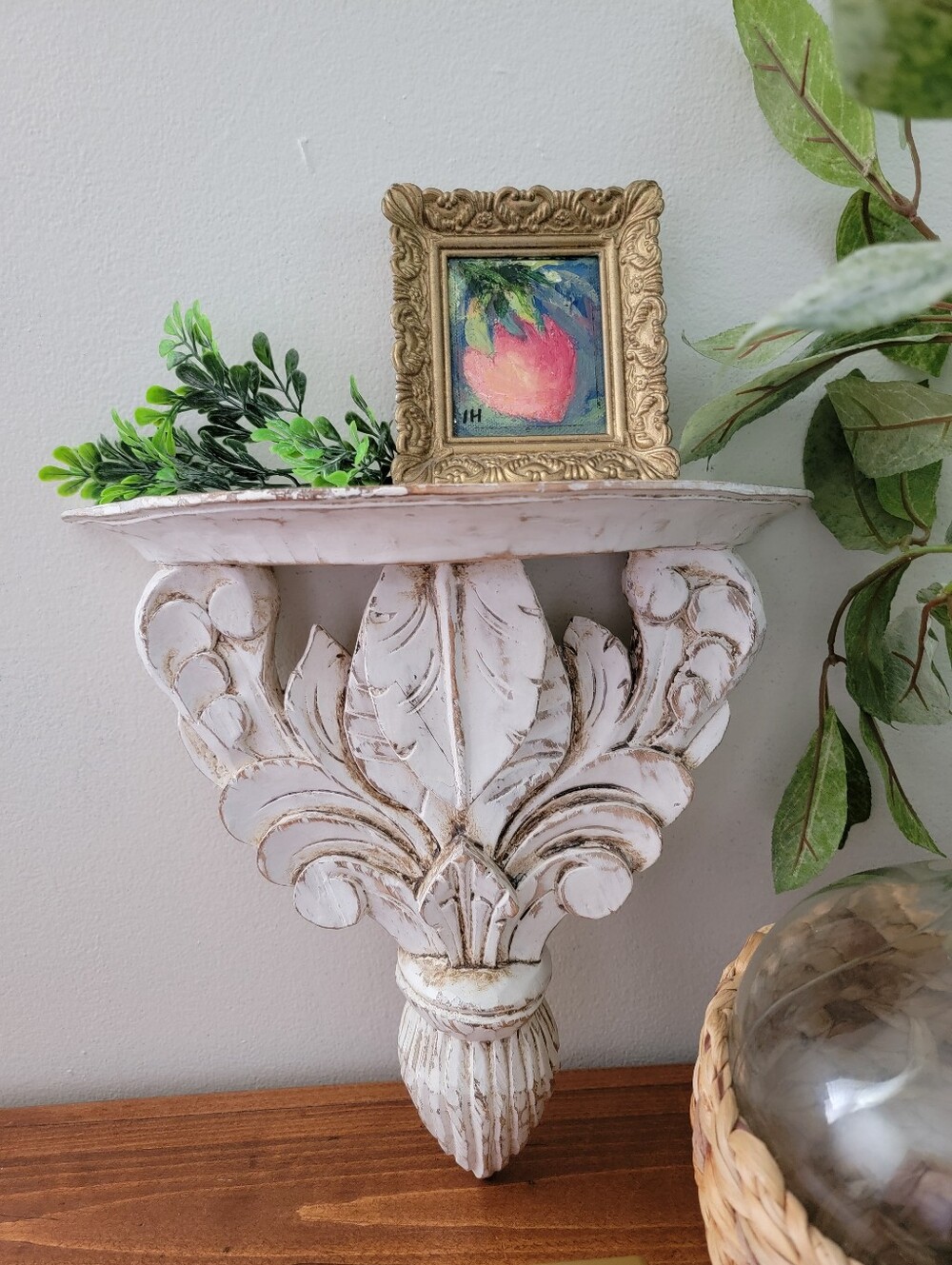 Vintage Carved Wood Distressed Chippy White Bracket Shelf Corbel Scrolling Leaf - Picture 13 of 13